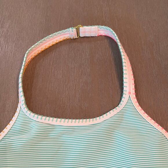 SO Juniors Pop Stitch Ribbed High Neck Swim Bikini Top 360 Mint Size M (7-9) - Picture 5 of 9